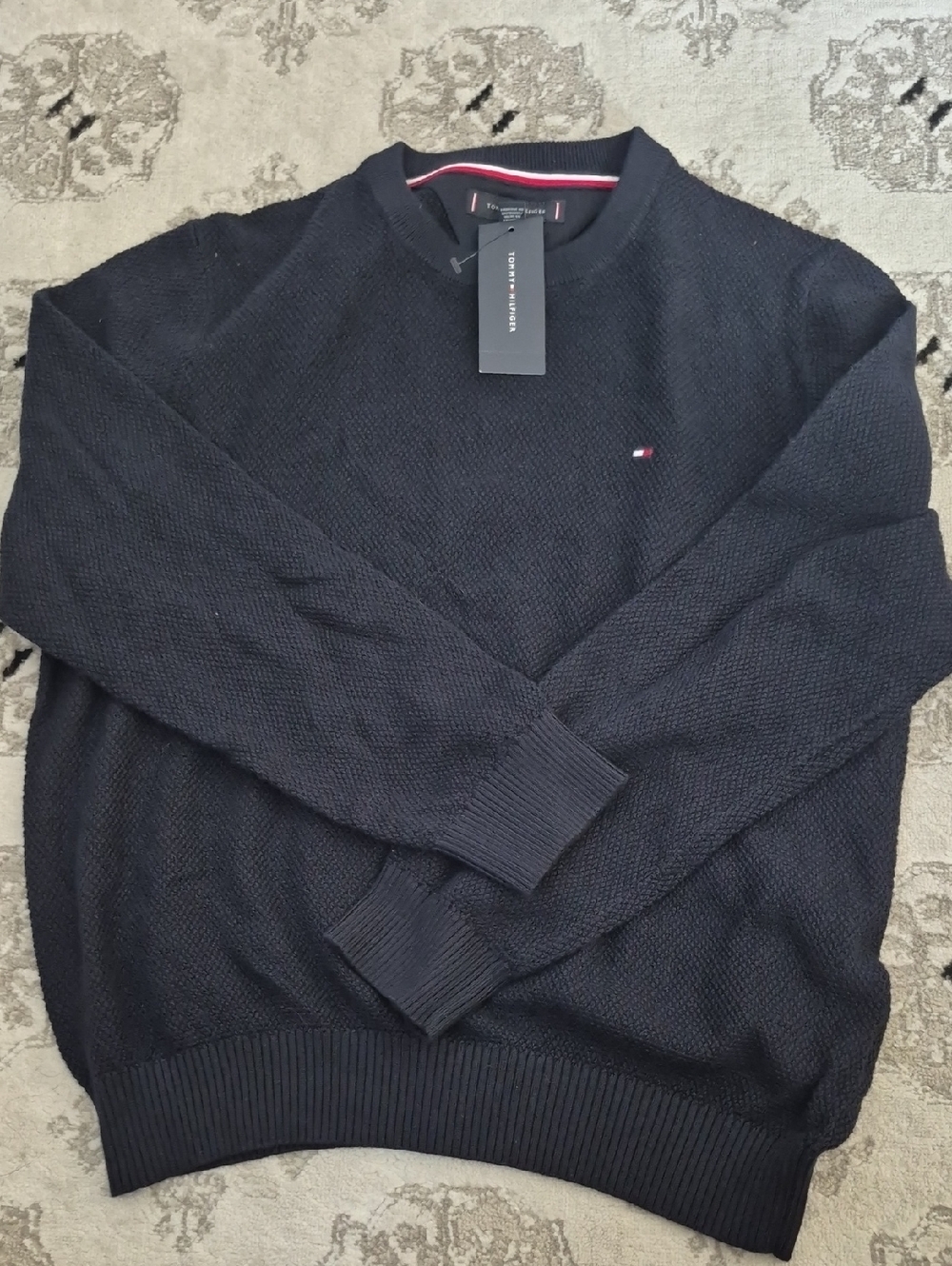M: Tommy Hilfiger Dark Navy Crewneck Sweater with Signature Flag
